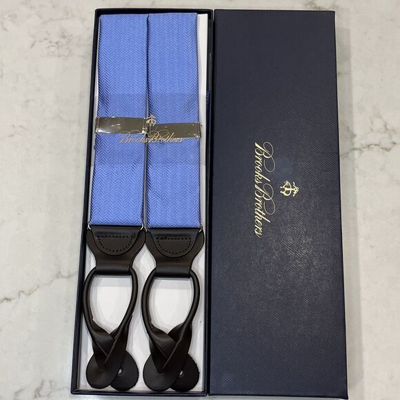 Brooks Brothers NEW Silk Leather Bright Blue Suspenders Braces Herringbone
